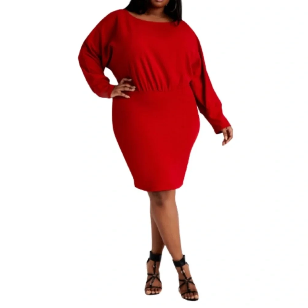 Ashley Stewart Red Balloon Sleeve Bodycon Dress 26/28 - Picture 1 of 5